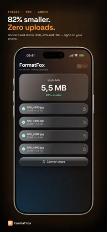 FormatFox showing four converted JPG files and a result of 5.5 MB down from 29.9 MB