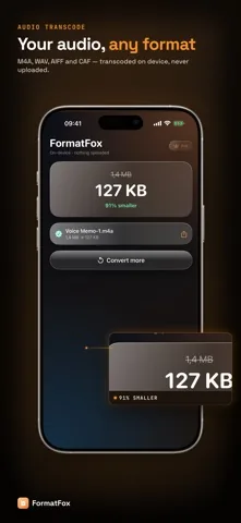 FormatFox converting a voice memo to M4A, 127 KB down from 1.4 MB