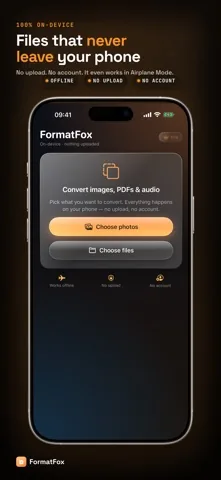 The FormatFox start screen with the labels works offline, no upload and no account